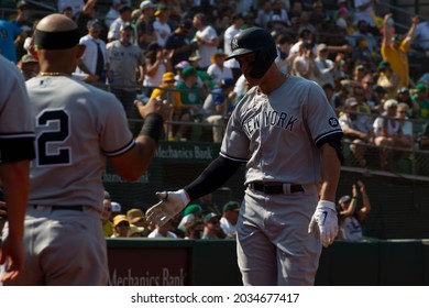 Oakland, California - August 28, 2021: Aaron Judge #99 And Rougned Odor #12 Of The New York Yankees Celebrate After Judge Hits A Home Run Against The Oakland Athletics At RingCentral Coliseum.