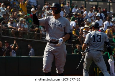 Oakland, California - August 28, 2021: Aaron Judge #99 Of The New York Yankees Celebrates After Hitting A Home Run Against The Oakland Athletics At RingCentral Coliseum.