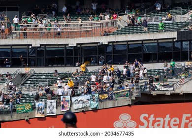 Oakland, California - August 28, 2021: Fans Look For The Home Run Ball Hit My Aaron Judge Of The New York Yankees During The 9th Inning Of A Game Against The Oakland Athletics At RingCentral Coliseum.