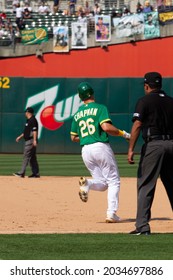 Oakland, California - August 28, 2021: Oakland Athletics Third Baseman Matt Chapman #26 Reacts After New York Yankees Outfielder Joey Gallo Robs His Would Be Home Run At RingCentral Coliseum.