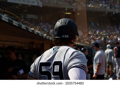 Oakland, California - August 28, 2021: New York Yankees Designated Hitter Luke Voit #59 Watches From The Dugout During A Game Against The Oakland Athletics At RingCentral Coliseum.