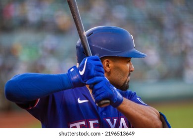 Oakland, California - July 23, 2022: Texas Rangers Second Baseman Marcus Semien In The On Deck Circle During A Game Against The Oakland Athletics At The Oakland Coliseum.