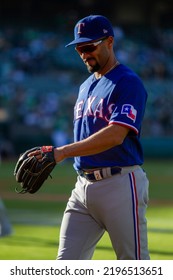 Oakland, California - July 23, 2022: Texas Rangers Second Baseman Marcus Semien Walks To The Dugout During A Game Against The Oakland Athletics At The Oakland Coliseum.