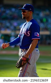 Oakland, California - July 23, 2022: Texas Rangers Second Baseman Marcus Semien Walks To The Dugout During A Game Against The Oakland Athletics At The Oakland Coliseum.