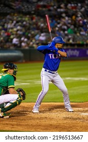 Oakland, California - July 23, 2022: Texas Rangers Second Baseman Marcus Semien Bats Against The Oakland Athletics At The Oakland Coliseum.