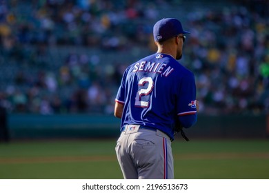 Oakland, California - July 23, 2022: Texas Rangers Second Baseman Marcus Semien Walks On The Field During A Game Against The Oakland Athletics At The Oakland Coliseum.