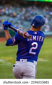 Oakland, California - July 23, 2022: Texas Rangers Second Baseman Marcus Semien In The On Deck Circle During A Game Against The Oakland Athletics At The Oakland Coliseum.