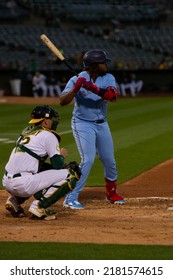 Oakland, California - July 5, 2022: Toronto Blue Jays Infielder Vladimir Guerrero Jr. Bats Against The Oakland Athletics At The Oakland Coliseum.