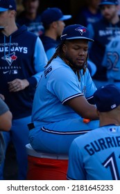 Oakland, California - July 5, 2022: Toronto Blue Jays Infielder Vladimir Guerrero Jr. In The Dugout During A Game Against The Oakland Athletics At The Oakland Coliseum.