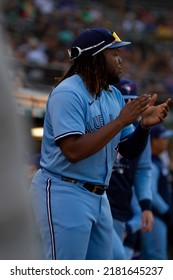 Oakland, California - July 5, 2022: Toronto Blue Jays Infielder Vladimir Guerrero Jr. Celebrates A Run Scored Against The Oakland Athletics At The Oakland Coliseum.