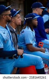 Oakland, California - July 5, 2022: Toronto Blue Jays Lourdes Gurriel Jr., José Berríos, Vladimir Guerrero Jr., And Zack Collins Watch From The Dugout During A Game At The Oakland Coliseum.