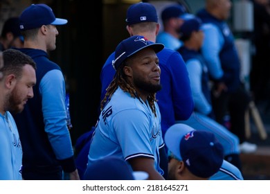 Oakland, California - July 5, 2022: Toronto Blue Jays Infielder Vladimir Guerrero Jr. In The Dugout During A Game Against The Oakland Athletics At The Oakland Coliseum.