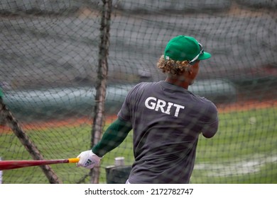 Oakland, California: June 22, 2022: Oakland Athletics outfielder Cristian Pache hits batting practice before a game against the Seattle Mariners at the Oakland Coliseum.