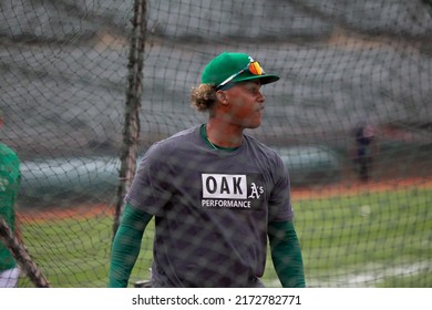 Oakland, California: June 22, 2022: Oakland Athletics outfielder Cristian Pache hits batting practice before a game against the Seattle Mariners at the Oakland Coliseum.