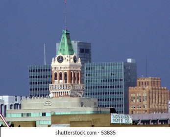 Oakland Tribune Tower, Downtown Oakland, CA Set Against A Modern Office Building