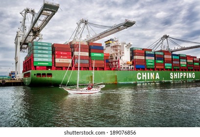 OAKLAND,CA-MAR 9, 2014: A loaded China Shipping cargo ship at the Port of Oakland, the fourth busiest container port in the USA and a major economic engine in the San Francisco Bay Area.