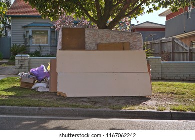 Oakleigh, VIC / Australia - Aug 27 2018: Mattresses And Miscellaneous Hard Rubbish Put On Curbside For Council Annual Collection