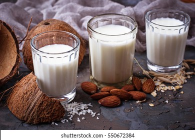 Oat, Coconut And Almond Milk. Non-dairy Vegan Drink. Selective Focus