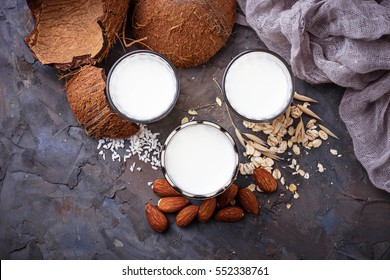 Oat, Coconut And Almond Milk. Non-dairy Vegan Drink. Selective Focus