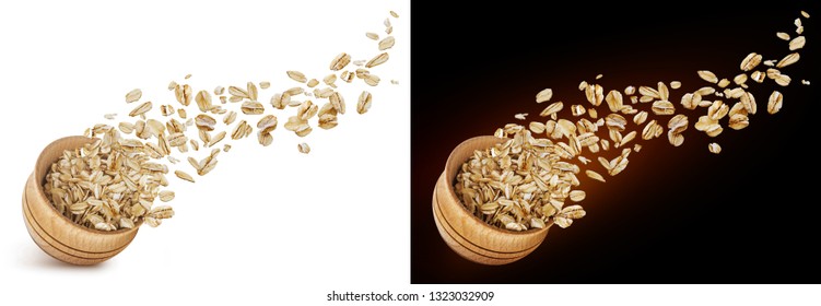 Oat Flakes Flying Out Of Wooden Bowl Isolated On White And Black Background. Falling Oats