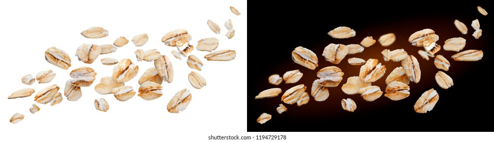 Oat Flakes Isolated On White And Black Backgrounds. Falling Oats