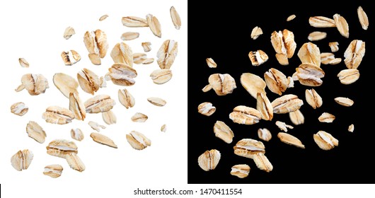 Oat Flakes Isolated On White And Black Background With Clipping Path, Falling Oats Collection, Top View