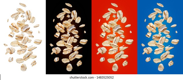 Oat Flakes Isolated On White And Color Backgrounds With Clipping Path, Falling Oats Collection