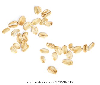 Oat Flakes Isolated On White Background. Falling Oats Macro. Oatmeal Top View
