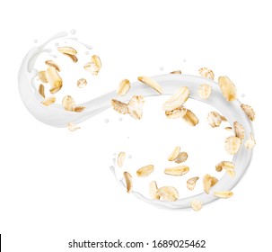 Oat Flakes In Milk Splashes Isolated On A White Background