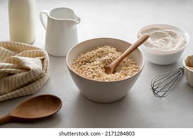 Oat Flakes, Old Fashion Close Up Oat Flakes In A Bowl. Chocolate Oats Brownies Ingredients, Cooking Pastry, Muffins, Baking Desserts