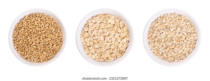 Oat grains, rolled oats and oatmeal, in white bowls. Husked common oat, Avena sativa, a cereal grain. Dehusked steamed oat groats, rolled into flat flakes, toasted, used whole or as steel-cut flakes.