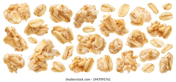 Oat granola, crunchy muesli isolated on white background with clipping path, macro