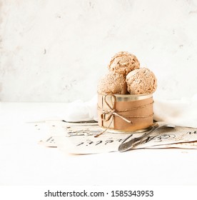 Oat Milk Ice Cream. Balls Of Vegan Ice Cream In A Tin Can On A Light Background With Space For Text. 