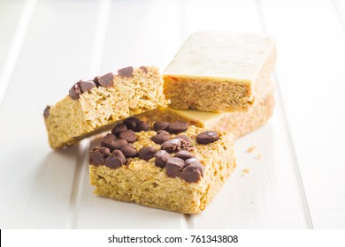 Oat Protien Bars On White Table.