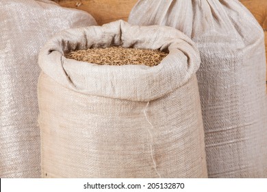 Oat Seed Grain In Burlap Sack Bag On Wooden Farm