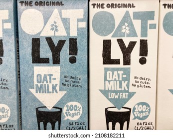 Oat-Ly Brand Original And Low Fat Oat Milk Cartons On Shelf Of Diary Section Of Grocery Store - San Jose, California, USA - 2022