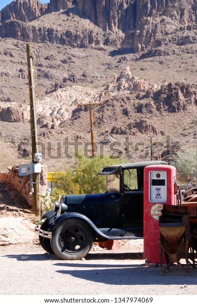 Oatman, Arizona, 10/02/2009\
old ford t-model\
and fuel pump in desert town of\
oatman