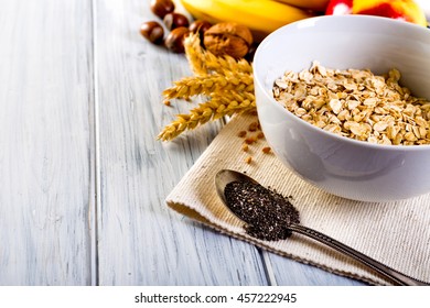 Oatmeal With Chia Seeds. Bowl Of Cereal.