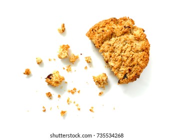 Oatmeal Cookie With Crumbs Isolated On White Background. Top View.