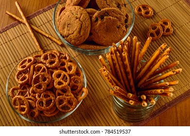 Oatmeal Cookies, Pretzels, Bread Sticks In A Glass Container For Tea