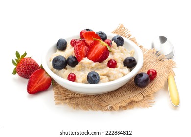 Oatmeal  And Fresh Fruits Isolated On White Background.