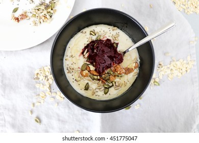 Oatmeal With Nuts And Sour Cherry Jam / Delicious Healthy Breakfast 