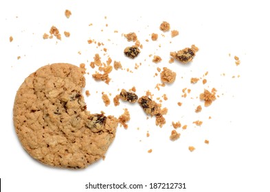 Oatmeal Raisin Cookie With Crumbs White Background