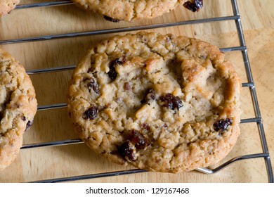 Oatmeal Raisin Cookies On Cooling Rack Fresh From Oven.