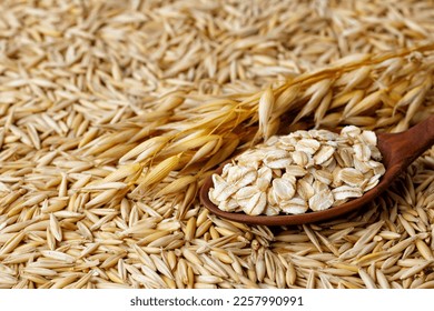 oatmeal in wooden spoon with ripe oat ears and grains as background - Shutterstock ID 2257990991