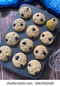 Oats Blueberry Muffin In A Tray On A Wooden Background. Top View.