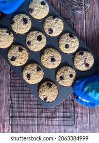 Oats Blueberry Muffin In A Tray On A Wooden Background. Top View.