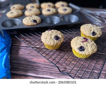 Oats Blueberry Muffin In A Tray On A Wooden Background. 