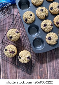 Oats Blueberry Muffin In A Tray On A Wooden Background. Top View.