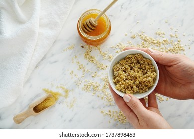 Oats, Brown Sugar And Honey Face, Lips Or Body Scrub, Natural Skin Care, Top View.